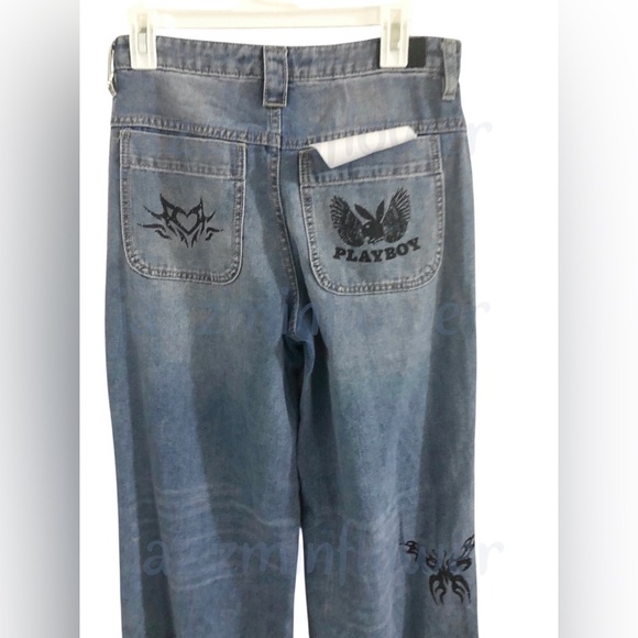 Playboy blue sinner lover‎ butterfly rose playboy bunny embroidered jeans size 7 - Picture 7 of 17